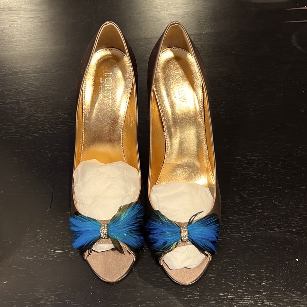 J Crew jeweled feather peep toe heels